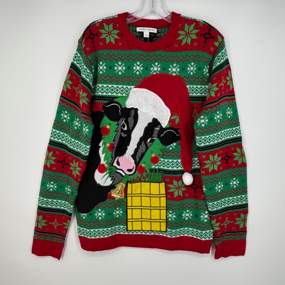 Celebrate Together Womens Large Ugly Christmas Sweater Red Green Cow Santa Hat